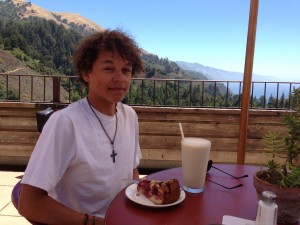 Protein shake along with a three berry coffee cake with a great view.